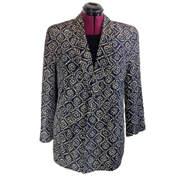 Saks Fifth Avenue Jackets & Blazers - Saks Fifth Avenue Real Clothes Navy Tan Ikat Print 100% Silk Blazer
